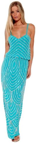 Karina Grimaldi Deco Beaded Maxi Dress in Turquoise, xs