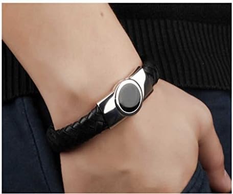 Braided Black Genuine Leather and Silver Stainless Steel Mens Classic Bracelet (12mm thick)