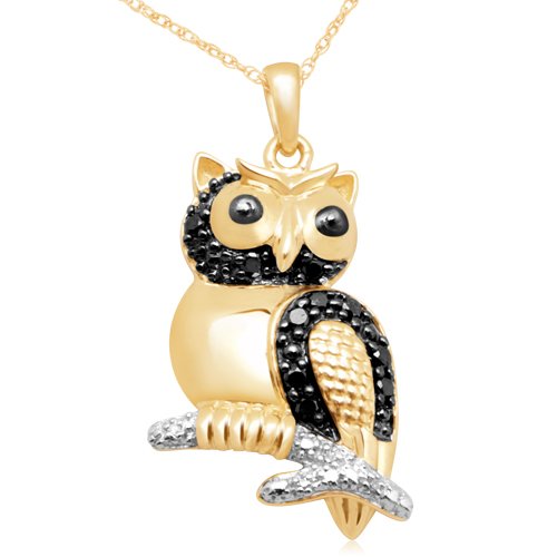 10k Yellow Gold Black & White Diamond Owl Pendant (1/6 cttw, I-J Color, I3 Clarity), 18″