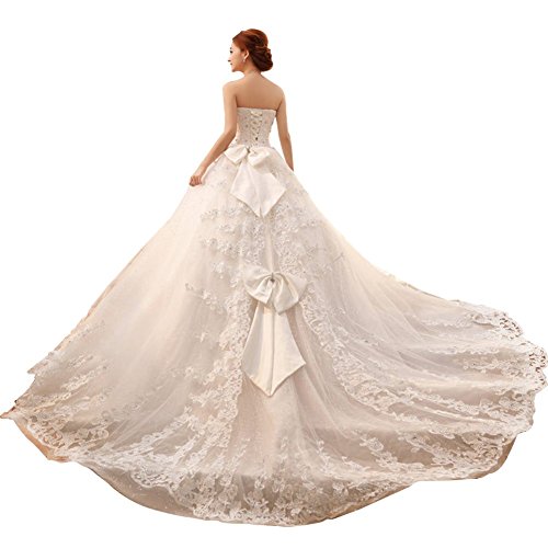 drasawee ウェディングドレス ロング丈 花嫁ドレス 編み上げタイプ トレーン ひきすそ 高級 豪華 上品 リボン 模造ダイヤ レース刺繍 べアトップ チューブトップ ティアード プリンセス フリル 礼服 結婚式 披露宴 二次会 レディース [並行輸入品]