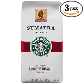 Starbucks Sumatra Coffee, Whole Bean, 12-Ounce Bags (Pack of 3)