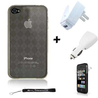 Argyle Smoke Flexible Skin Cover for Apple iPhone 4 / 4th Generation compatible with 16GB / 32GB + 4-inch eBigValue (TM) Determination Hand Strap Key Chain + Includes a Trave Accessorie Charge Kit; Home USB and Wall USB charger + Full Front and Back Screen Protector for IPHONE 4