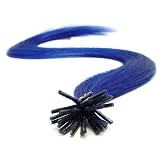 25 Strands Straight Micro Ring Links Locks Beads Keratin Stick I Tip (Waterproof) Human Hair Extensions Blue Color