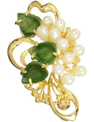 Gold Plated with Freshwater Pearl, Jade Leaves Berry Pin