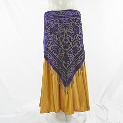 Purple Burnout Velvet Triangular Hip Scarf/Shawl with Beaded Fringe