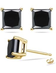 1/2 (0.46-0.55) Cts of 3.00-3.30 mm AAA Princess Black Diamond Stud Earrings in 14K Yellow Gold
