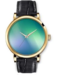 SPRAWL Aanalog Fashion Series Gold Ladies Watches of Genuine Black Leather Strap,Unique Wrist Watch for Women Girls Designed with greenish Bars