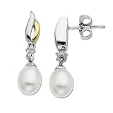 S&G Sterling Silver and 14k Yellow Gold Freshwater Cultured Pearl and Diamond Drop Earrings (0.01cttw, I-J Color, I3 Clarity)
