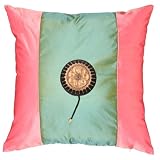 Decorative Handmade Silky Green & Pink Cushion Cover / Pillow Sham - Golden Sunflower Design