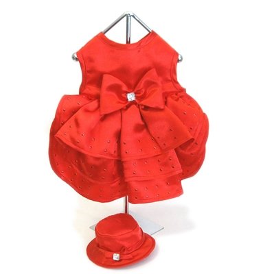 Red Satin Holiday Dog Dress w/ Hat & Leash, Large