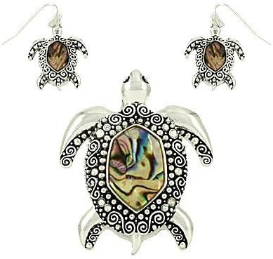Lustrous Natural Abalone Paua Shell Indonesian Island Sea Turtle Scrolled Pendant Necklace Jewelry Set
