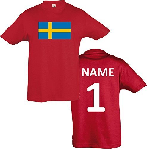 Kids T-Shirt Schweden Sweden Ländershirt mit Wunschnamen und Nummer diverse Farben, Farbe rot, Größe 116