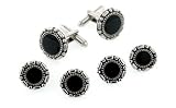 Antiqued finish silver plated cufflinks and shirt studs formal set with onyx accent. Made in the U.S.A