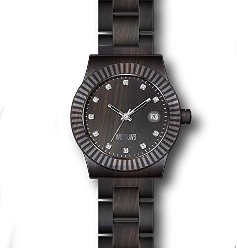 Woodows 100% Wooden Watch, [Phoebe] quartz Analog Woman's Black Round Dial Wood Watches with Date Calendar