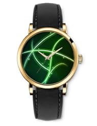 SPRAWL Aanalog Fashion Series Gold Ladies Watches of Genuine Black Leather Strap,Unique Wrist Watch for Women Girls Designed with White lines on green background
