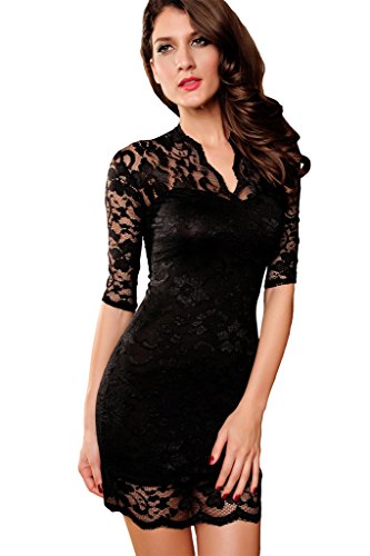 Dear-lover Women's Ladies V-neck Mini Slim Lace Dress Clubwear Half Sleeves