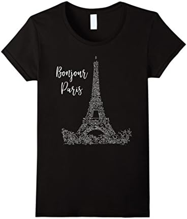 Women's Paris T-Shirt Bonjour Paris Eiffel Tower Tee Large Black