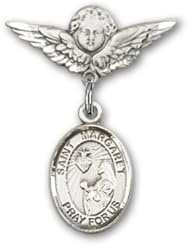 Sterling Silver Baby Badge with St. Margaret Mary Alacoque Charm and Angel with Wings Badge Pin