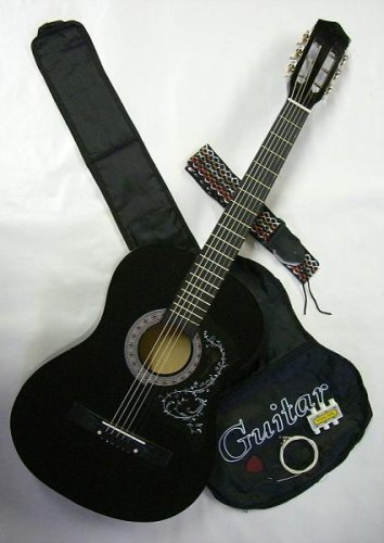 38 BLACK Acoustic Guitar w Scroll Pick Guard Carrying Case & Accessories