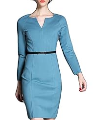 V-neck Belted Long Sleeves Cotton  Dress