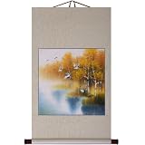 Hand-Painted 36" Oriental Wall Art Scroll - Cranes & Autumn Birches Landscape With Beige Border