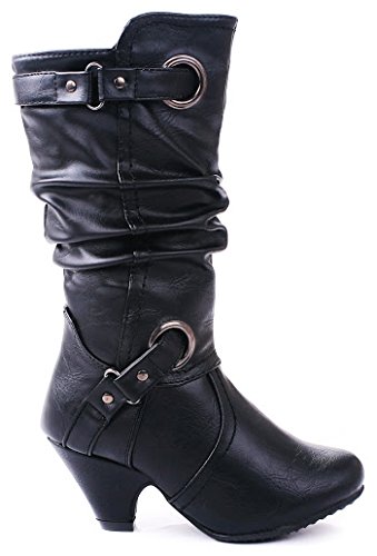 PE26 Kids Mid Calf Slouch Buckle Strap Zip Leatherette Dress Boots