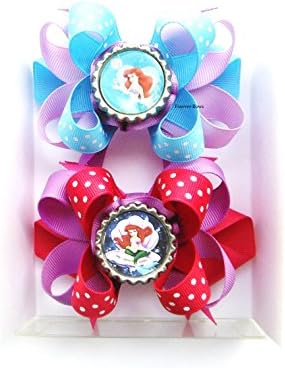 Ariel Under the Sea Bottle Cap Set of 2 Boutique Hair Bow Accessories, French Barrettes, Girls