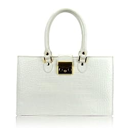 L.A.P.A. Italian Designer White Croc Embossed Leather Satchel Handbag