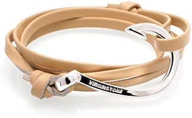 VIRGINSTONE Silver Plated Round Hook On Colorful Cowhide Leather Nautical Style (Khaki)