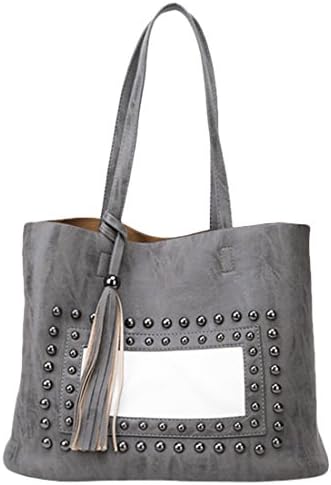 VOGLLY Women's Studs Decorated Tasseled Doubel Handles Tote Handbag One Size Grey