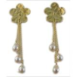 14k Gold Dangle Earrings with Freshwater Pearls and Hammered Flower From Barrocos