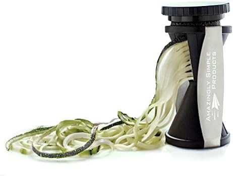 Amazingly Simple Vegetable Spiralizer Bundle -Slicer with 2Sharp Japanese Blades Creates Low Carb Fruit & Veggie Dishes Fast -Salad, Noodles, Julienne Spirals from Carrots, Zucchini etc -BPA, Rust-free, ABS Plastic + Heat-treated Stainless Steel