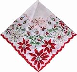 Vintage-Inspired Christmas Hanky - Large Pointsettia Corner w Ornaments