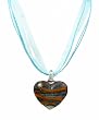 Necklace - N103 - Murano Glass Style - Heart Shape ~ Orange, Dark Green and Silver hung on 5-Strand Organza Cord (60)