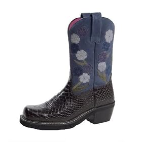 Ariat Doll Baby Boots Womens Western Cowboy Boots 8.5 Black Anaconda Print Denim - 16209 - Square Toe - Suede Floral Inlay - 2