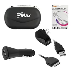 GTMax USB Rapid Car Charger + USB Home Travel Charger + USB Data Cable + Black Zipper Pouch Cover Case + LCD Screen Protector for Sony PlayStation Portable PSP Go