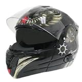 Hawk H-6615 Aviator Skull Dual-Visor Modular Motorcycle Helmet with Blinc Bluetooth Sz M