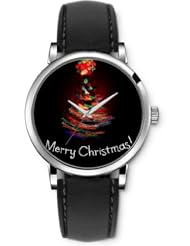 SPRAWL Aanalog Fashion Series Silver Ladies Watches of Genuine Black Leather Strap,Unique Wrist Watch for Women Girls Designed with Merry Christmas