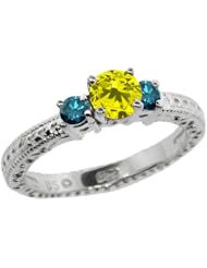 0.79 Ct Round Canary and Blue Diamond 18K White Gold 3-Stone Ring