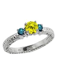 0.79 Ct Round Canary and Blue Diamond 18K White Gold 3-Stone Ring