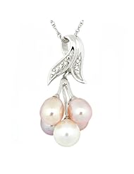 Sterling Silver Leaf and Cherry Design Pendant with Natural Multicolor Freshwater Pearl Clusters, Free Shipping and Gift Box
