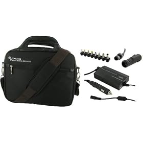 rooCase 4n1 Combo - Toshiba Mini NB205-N325WH 10.1-Inch Netbook Carrying Bag with AC and DC Adapter Charger Home / Car / Airplane - Travel Pro Series Black