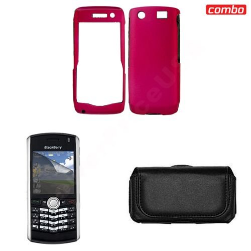 Blackberry pearl 9100 Combo Rubber Feel Rose Pink Protective Case Faceplate Cover + LCD Screen Protector + Black Horizontal Leather Pouch for Blackberry pearl 9100
