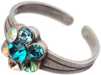 Michal Negrin Silver Coating Ring with Top Center Flower made of Turquoise, Green, Gray Swarovski Crystals; Handmade in Israel