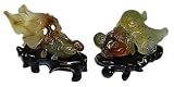 Genuine hand carved jade chinese celestial eye goldfish, pair - wood stand included (01)