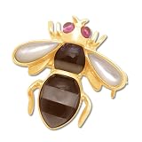 10k Yellow Gold Honey Bee w/ Onyx, Mother-of-Pearl, Lapis & Created Ruby Brooch