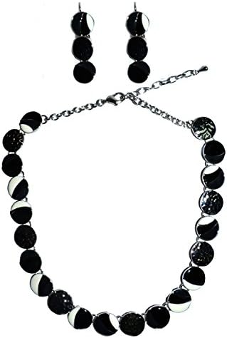 Tinder Multi-Color Fashion Necklace with Matching Earrings Set (Black/White/Gray/Silver Color): JAF19874-BK