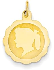 14k Yellow Gold Girl Head on .018 Gauge Engravable Scalloped Disc Charm Pendant