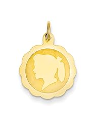 14k Yellow Gold Girl Head on .011 Gauge Engravable Scalloped Disc Charm Pendant