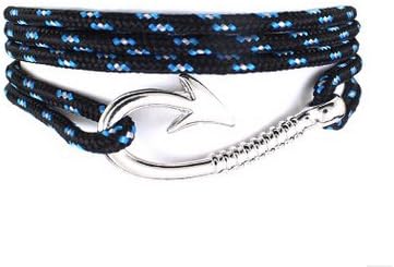 ET Sliver Plated Fish Hook Bracelets on Colorful Nylon Ropes - Nautical Style - (Black)